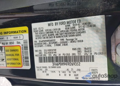 2015 Ford Fusion Se z USA, uszkodzony, nr VIN 3FA6P0H94FR269352